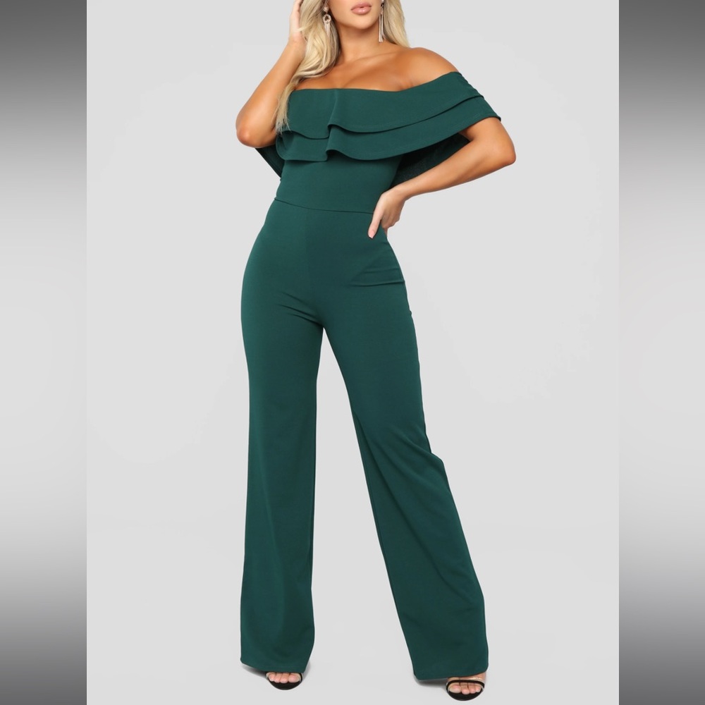 Off Shoulder Ruffle Wise Leg Jumpsuit